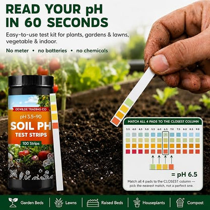 Soil Test Kit – 100 Soil pH Test Strips (3.5–9 Range) for Garden, Lawn & Indoor Plants – Easy At-Home Soil Testing