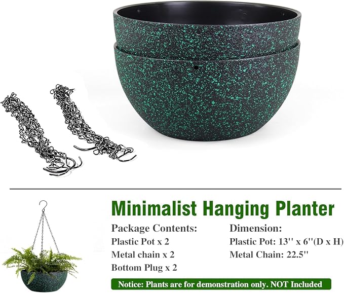 WSMKSZ 13inch Large Hanging Planters Pots for Outdoor Indoor Plants with Drainage Holes and Chain, 2pack Round Hanging Flower Pots for Garden Home Porch Decor, Black with Green Speckles