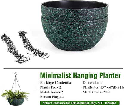 WSMKSZ 13inch Large Hanging Planters Pots for Outdoor Indoor Plants with Drainage Holes and Chain, 2pack Round Hanging Flower Pots for Garden Home Porch Decor, Black with Green Speckles