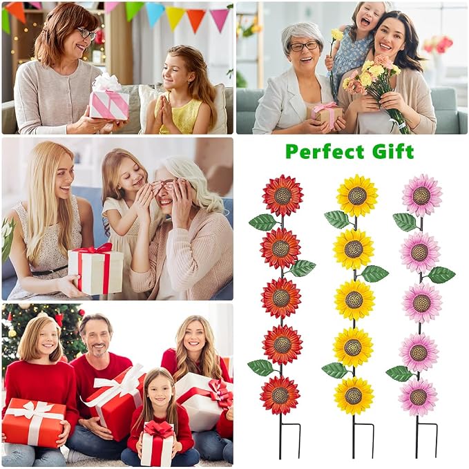 3 Pack Sunflowers Garden Stakes Decor,Metal Yard Art Decorative Garden Stakes,Metal Flowers Spring Garden Decor for Outside,Landscape,Patio(22.6 * 4.7IN)