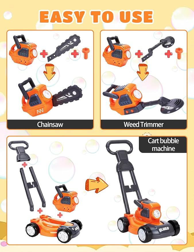 3-in-1 Bubble Lawn Mower for Kids, Electric Bubble Blower with 10 Bubble Solution, Includes Goggles Mask Gloves Ruler, Summer Bubble Toy for Kids