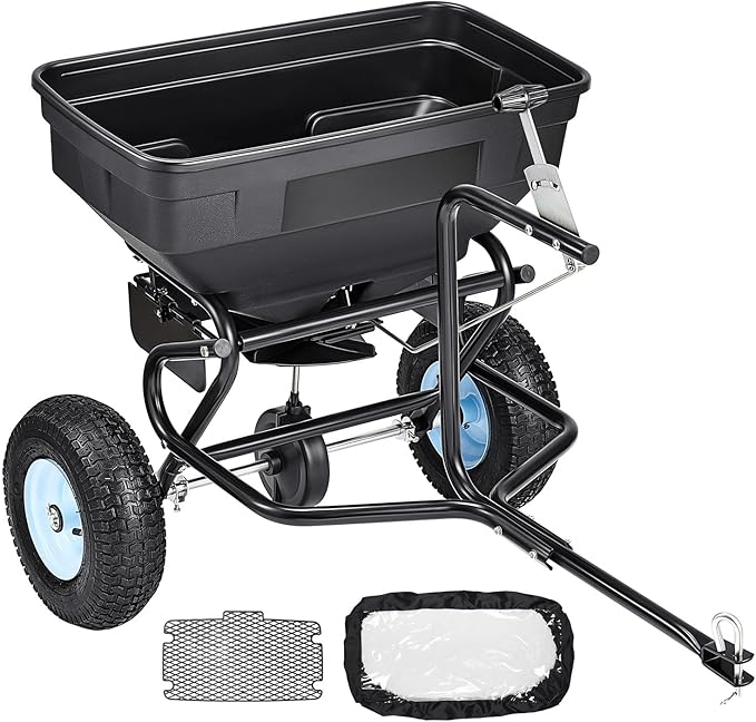 VEVOR Tow Behind Broadcast Spreader, 130LBS Capacity, Tow/Push Garden Spreader with 13 in Tires, 30 Adjustable Setting & 9.8 ft Spreading Width, Lawn Spreaders for Seed, Fertilizer, Salt, Ice Melt