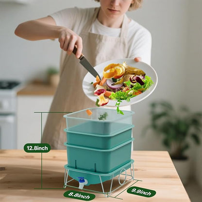 3-Tray 15L Worm Farm Composting Bin with Tool Set - Efficient Indoor/Outdoor Composter for Organic Waste Recycling, Beginner-Friendly Kit for Healthier Plants (Green)