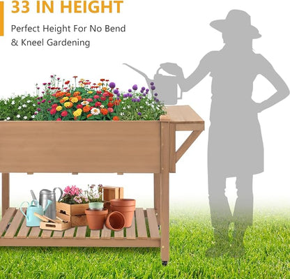 ketive Raised Garden Bed with Lockable Wheels Mobile Elevated Wood Planter,Storage Shelf, Protective Liner,55.5x24x32in (Brown)