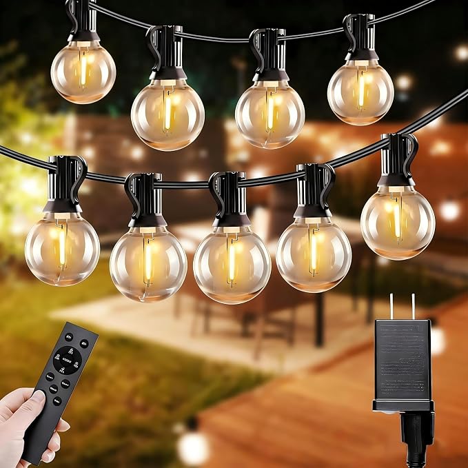 SANBEN Outdoor String Lights-100ft 50+2 G40 Bulbs Patio Lights with Remote | Dimmable & Timer, IP65 Waterproof & Shatterproof, 24V Low-Voltage LED Lights for Outside Deck Garden Backyard Porch Party