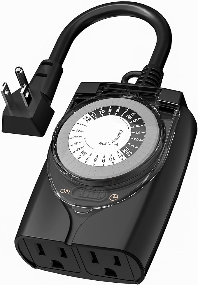 HBN Outdoor Timer Outlet Waterproof, 24 Hour Mechanical Light Timers for Electrical Outlets Outdoor Weatherproof, 2 Grounded Outlets for Christmas Lights, Holiday Decorations, 15A 1/2HP