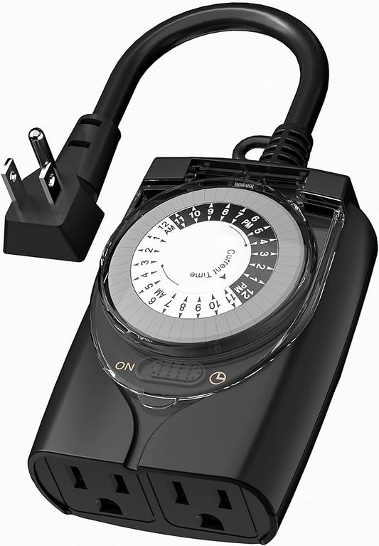 HBN Outdoor Timer Outlet Waterproof, 24 Hour Mechanical Light Timers for Electrical Outlets Outdoor Weatherproof, 2 Grounded Outlets for Christmas Lights, Holiday Decorations, 15A 1/2HP