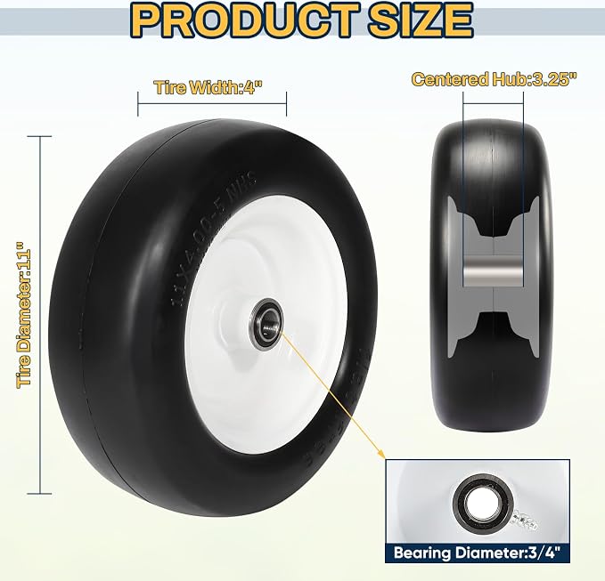 11x4.00-5 Lawn Mower Tires Flat Free, Zero Turn Mower Front Tires, 11x4-5 Solid Mower Wheel for Residential and Commercial, 3/4" or 5/8" Bushings, 3.4"-4"-4.5-5" Centered Hub, 2 Pack