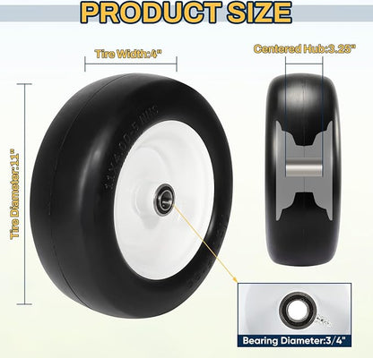 11x4.00-5 Lawn Mower Tires Flat Free, Zero Turn Mower Front Tires, 11x4-5 Solid Mower Wheel for Residential and Commercial, 3/4" or 5/8" Bushings, 3.4"-4"-4.5-5" Centered Hub, 2 Pack