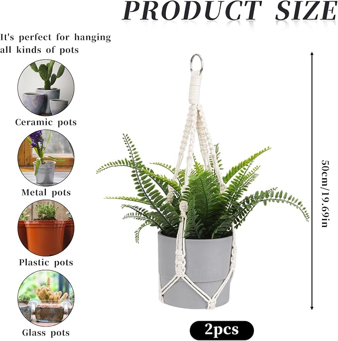 Macrame Plant Hanger, 2 Pack Boho Hanging Planters Baskets for Indoor Plants Decorative Braided Cotton Rope Flower Pot Holder with Metal Hook Rings for Outdoor Home Decor, No Tassels, Ivory, 20 Inchs