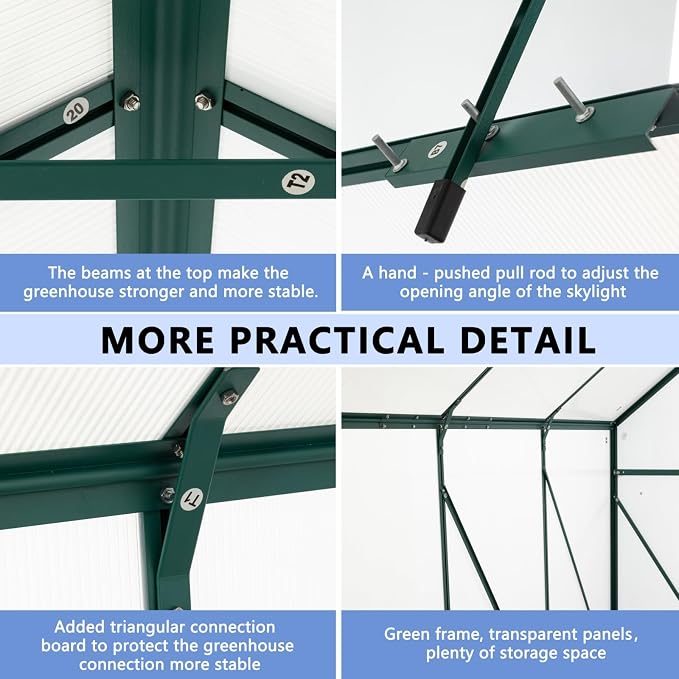 6x10 FT Greenhouse, Walk-in Polycarbonate Greenhouses with Sliding Doors, Aluminum Frame, Adjustable Roof Vent, Raised Base & Anchor, Outdoor Backyard Greenhouse for All Seasons, Green