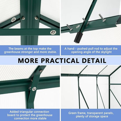 6x10 FT Greenhouse, Walk-in Polycarbonate Greenhouses with Sliding Doors, Aluminum Frame, Adjustable Roof Vent, Raised Base & Anchor, Outdoor Backyard Greenhouse for All Seasons, Green