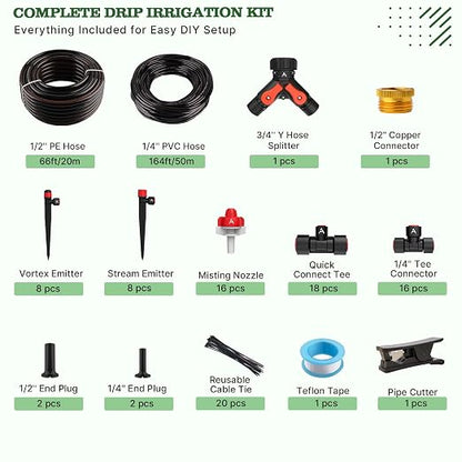 A ANLEOLIFE 230FT Drip Irrigation System Kit, Complete Garden Watering System with 1/2” & 1/4” Quick-Connect Tubing, 32 Adjustable Emitters for Raised Beds, Lawn, Greenhouse, Potted Plants