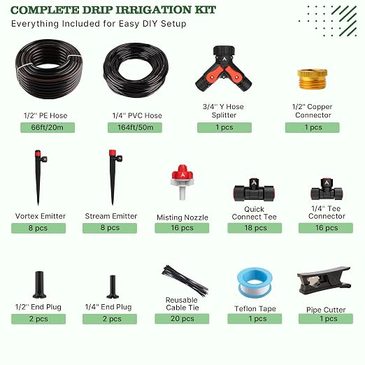 A ANLEOLIFE 230FT Drip Irrigation System Kit, Complete Garden Watering System with 1/2” & 1/4” Quick-Connect Tubing, 32 Adjustable Emitters for Raised Beds, Lawn, Greenhouse, Potted Plants