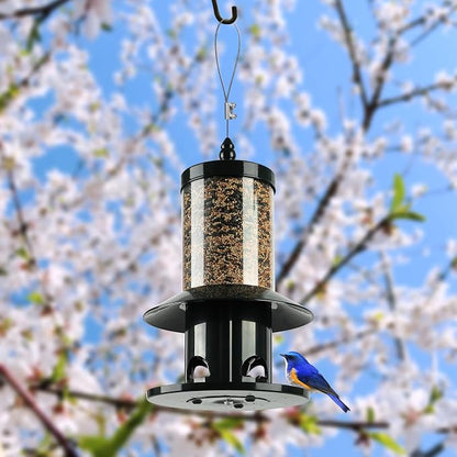Squirrel Proof Bird Feeder - 360° Feeding Perch Tray for Outdoor Hanging Wild Bird Seeds, Dark Green.