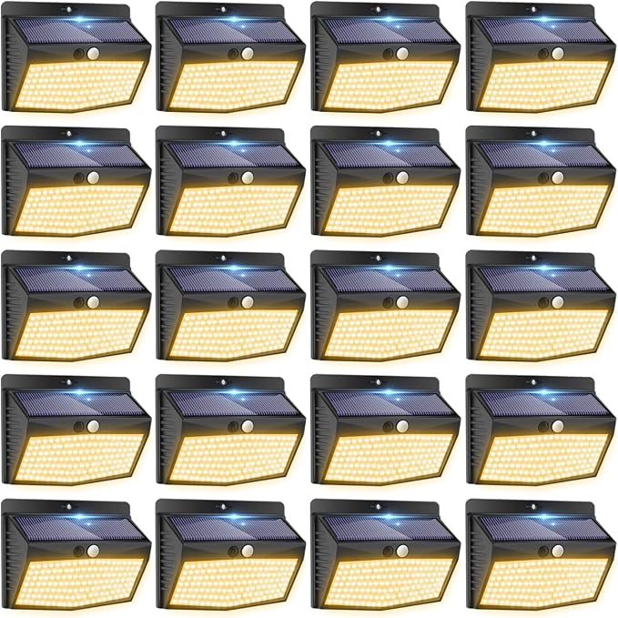 Peasur Solar Lights Outdoor Motion Sensor [20 Packs] Security Light with 3 Lighting Modes Wall Lights Waterproof Solar Powered Lights for Garden Fence Yard, Warm White