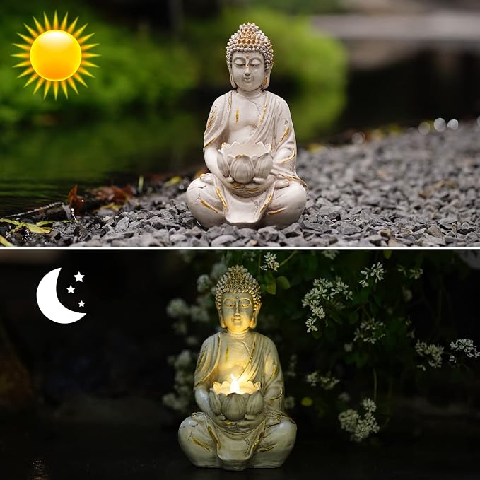 Goodeco Meditation Small Buddha Statue Figurine -Buddha with LED Tea Lights Candle Holder,Gift idea,Zen Home Decor Meditation Accessories,White Gold Look 8"