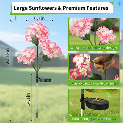 4-Pack Solar Hydrangea Garden Decor, 4 LED Flower Stake Lights - Waterproof Long-Lasting Outdoor Solar Patio Decor for Lawn, Yard & Pathway