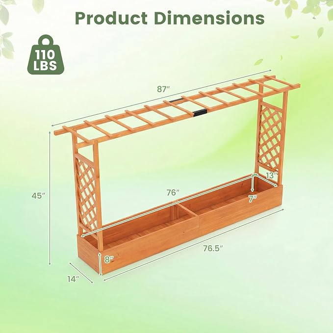 Giantex Wooden Raised Garden Bed with Trellis & Hanging Roof, 2 Pack Fir Wood Planter Box, 45” Freestanding Elevated Garden Bed for Outdoor Climbing Plants Vegetables Flowers, Patio & Balcony, Orange