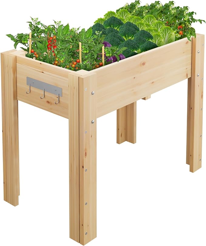 34x18x30IN Wooden Raised Garden Bed with Legs, Elevated Reinforced Large Planter Box for Vegetable Flower Herb Outdoor, Standing Growing Bed for Gardening/Backyard/Patio/Balcony, Liner Included