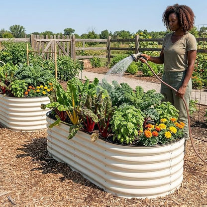 SnugNiture 3 Pcs 4x2x1.5ft Raised Garden Bed Outdoor, 17" Tall Galvanized Metal Planter Box, Oval Raised Garden Bed Kit for Planting Vegetables Plants Fruits, Beige White