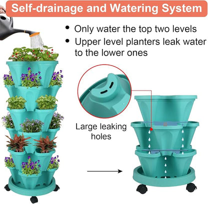 GameXcel Vertical Planter Tower - 6 Tier Stackable Garden Planters with Wheels and Tools Plant Pots for Strawberry Herb Flower and Vegetable Indoor Outdoor Use Teal