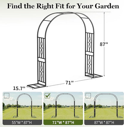 Metal Garden Arch, Heavy Duty Garden Trellis for Climbing Plants, with Enlarged Base for Stability, Perfect for Wedding Arches & Bridal Party Decorations, 71" W x 87" H