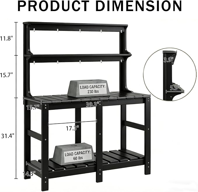 Outdoor Potting Bench with 3 Tier, All-Weather Patio Potting Table with Tool Hooks, HDPE Gardening Table for Backyard, Garden, Black