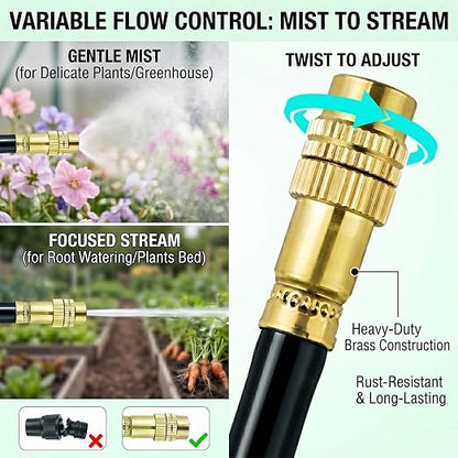 2026-Upgrade 100Ft 1/4" Drip Irrigation System,Garden Watering Kit with 20Pcs 360° Adjustable Copper Nozzles,Automatic Atomizing Sprinkler,DIY for Outdoor,Lawn,Greenhouse,Raised Beds (100FT/20pcs)