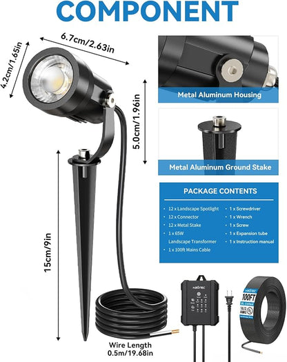 HIBOITEC All-in-One 5W Low Voltage Landscape Lights, 12 Pack LED Landscape Lighting Kit with Transformer, 100FT Wires and Connectors, Waterproof Outdoor Spot Lights for House Yard Trees Garden, 5000K