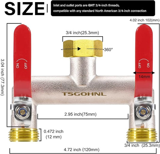 Hose Splitter 2 Way Heavy Duty Brass Garden Hose Splitter 3/4-in GHT | Outdoor Faucet Splitter With 2.1" Extra Long Handle, Lead-free, 2.7" Wide Spacing Fits Large Irrigation Timers, Garden, Lawn