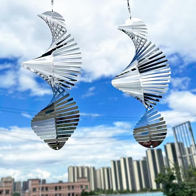 Hanging Wind Spinners,3D Spiral Highly Reflective Stainless Steel Metal Wind Spinner Outdoor Garden Decor,Bird Devices Deterrent to Scare Away Yard Birds12in 2Pcs