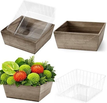 Dandat 2 Set Wooden Centerpiece Box for Wedding Table Decor 10 Inch Rustic Wood Planter Box with Removable Plastic Liner Flower Boxes for Party Wedding Baby Shower Home Garden Decor(Brown)