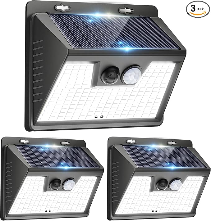 Peasur 140LED Solar Powered Lights Outdoor Waterproof, 3 Packs Motion Sensor Light Ultra-Bright, 3 Modes Fence Security Lighting for Outside Yard Wall Deck Step Garden(Cool White)