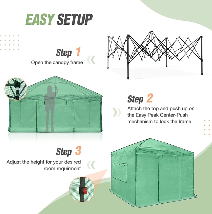EAGLE PEAK 10x10 Portable Walk in Greenhouse, Pop Up Indoor Outdoor Greenhouse, Green House Kit with Zippered Roll-Up Doors and Windows, PE Cover, Clear/Green