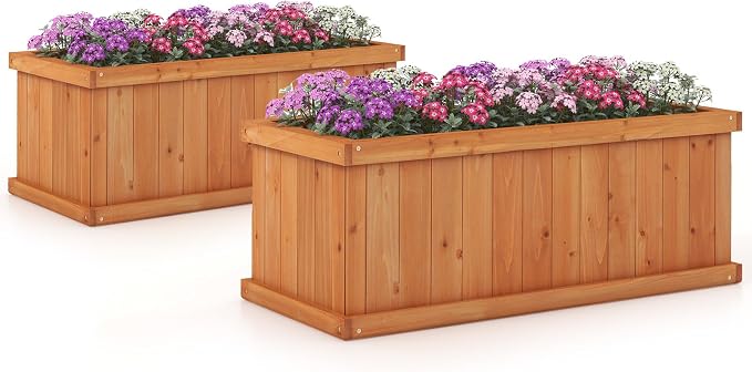 S AFSTAR 2 Pieces Raised Garden Beds, 31” X 14” X 12” Fir Wood Rectangle Planter Box W/4 Drainage Holes & Detachable Base Plate, Raised Bed Planter Kit Box for Patio Backyard