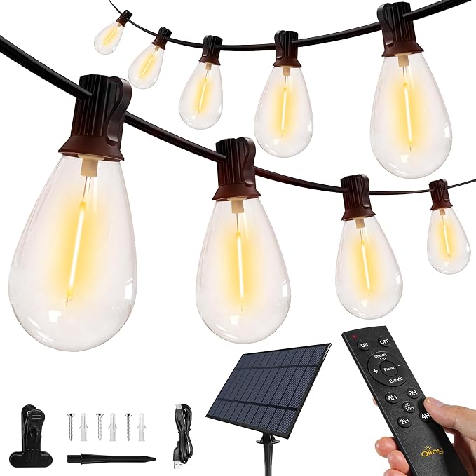 Ollny S11 100FT Solar String Lights Outdoor with Remote, Waterproof Dimmable Patio Lights with Timer & 3 Lighting Modes, 35 Shatterproof Edison Bulbs, String Lights for Outside Backyard Party Decor