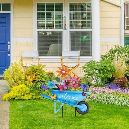 YEAHOME Garden Decor for Outside, 25” Decorative Garden Stakes Metal Wheelbarrow with Flowers for Spring Decor, Butterfly Cart Welcome Yard Signs for Outdoor Lawn Backyard Porch Pathway Decorations