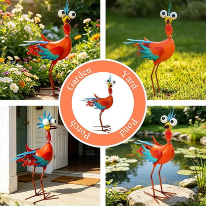 Metal Wacky Rooster Garden Statue for Patio, Backyard, Lawn | 17.9'' Rooster Decor, Yard Statue Decorations Outdoor, Chicken Yard Art, Orange & Cyan