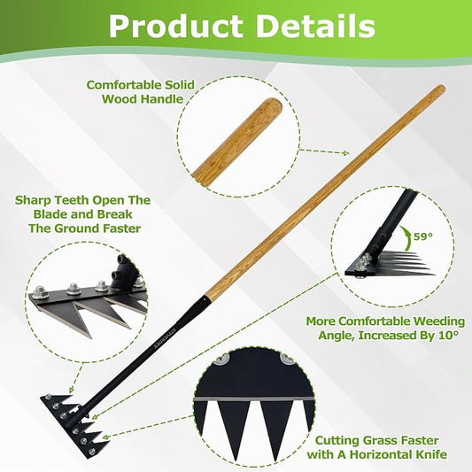 Gardenia Weeding Rake 2.0,60" Forged Iron Weeding Rake with Exclusive Double-Edged Thickened 6-Tines & Long Wooden Handle – Perfect for Gardens and lawns