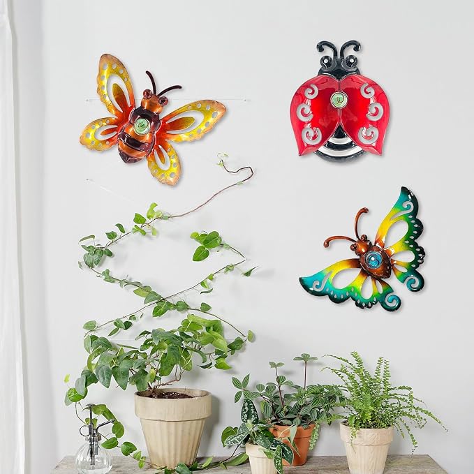 Garden Decor Butterfly Ladybug Bee Metal Wall Art, Hanging Wall Decoration | BVLFOOK; For Home; Garden; Porch; Patio Balcony Ornament; Outdoor; Birthday Gift, 3 Pack 9 Inch