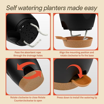 Black Hanging Self Watering Pots with Macrame Black Rope, 3 Pack Indoor & Outdoor Hanging Plant Pots with Built-in Reservoir, Wick Rope, Drainage Holes & Hooks, Stylish Boho Decor Hanging Planter