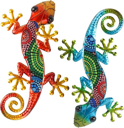 WANFSOWO 3D Metal Gecko Wall Art, Hand-Painted Colorful Lizard Wall Sculpture, Indoor Outdoor Hanging Decor for Garden Fence Patio Porch Backyard, Home Decor Gift (Style 1)