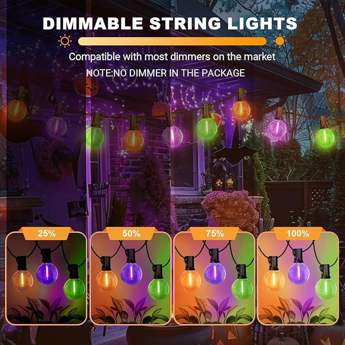 LAMPHOME Globe Outdoor Halloween String Lights,2 Pack 26FT Patio Lights with 12+1 Edison Shatterproof Bulbs, Connectable Dimmable Waterproof for Backyard Porch Halloween Decor, Orange Green Purple
