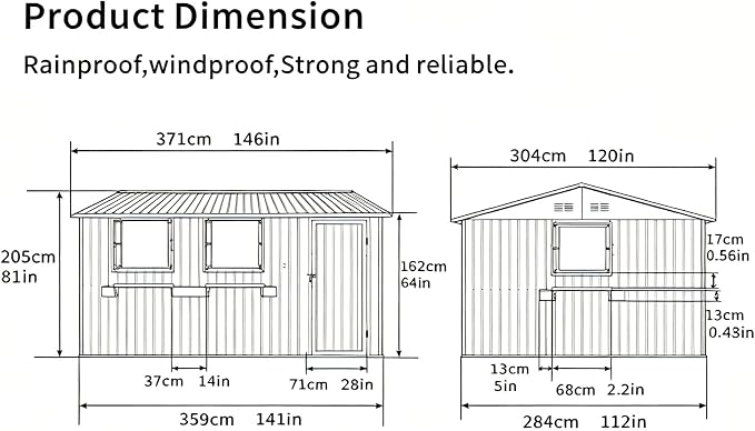 KEIKI 12x10 FT Outdoor Metal Storage Shed with 3 Clear Windows, Walk in Lockable Single Door Heavy Duty Steel Utility Shed Waterproof Rust Resistant Windproof for Backyard Garden Yard, Brown