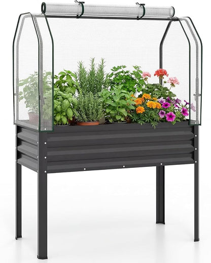 Giantex Raised Garden Bed with Legs & Greenhouse Cover, 44x22x60 Elevated Metal Planter Box with Roll-up Door, Outdoor Mini Greenhouse for Vegetable Flower Herb Patio Balcony (Black,1)