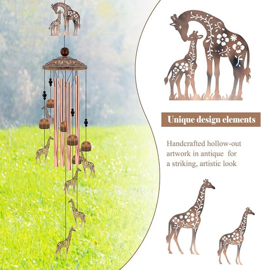 35" Giraffe Wind Chimes for Outside, Rustic Copper Mother & Baby Giraffe Silhouette Decor with 6 Pendants - Elegant Memorial Windchime - Heartwarming Gift for Mom & Animal Lovers