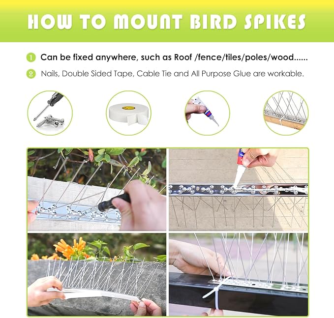 Pigeon Spikes Stainless Steel Bird Spikes for Outside to Keep Birds Away 86 Pack 70ft Coverage Bird Spikes Wire Prevention Spikes for Small Bird Squirrel for Fence Roof Blacony