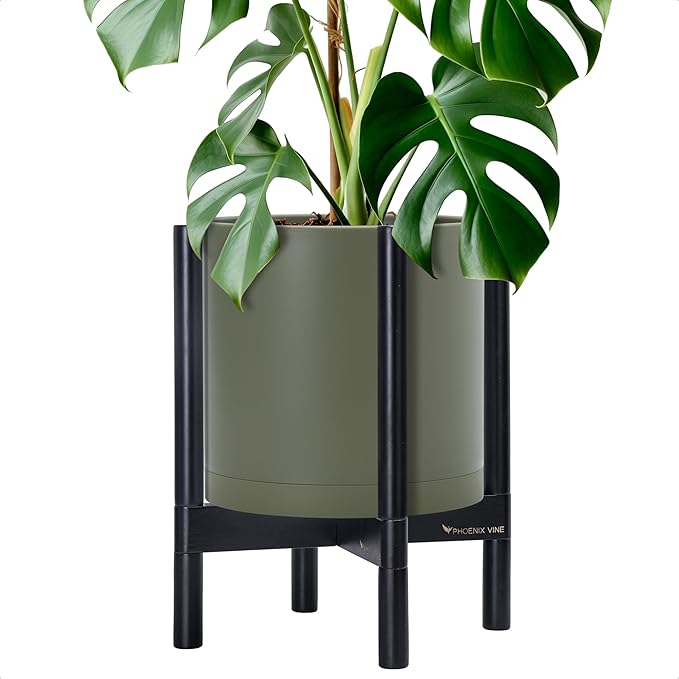 D'vine Dev Plastic Pot with Ebony Wood Stand, Olive, 12 in, 55-C-Q-3 | Mid-Century Inspired Design, Elevated Plant Display, Clean Lines, Sturdy Support, Modern Space-Saving Style