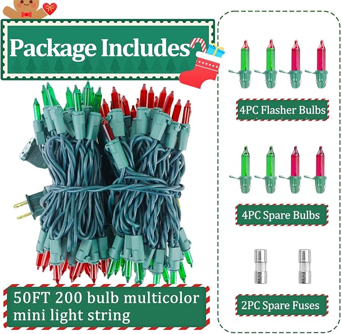 Red and Green Christmas Lights Outdoor, 50FT 200 Count Incandescent Mini Christmas Lights Green Wire, Waterproof Fairy Lights, Connectable Xmas String Lights for Christmas Tree, Garland, Wedding Decor